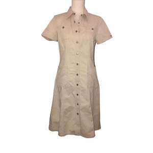 Vintage Y2K '03 TOMMY HILFIGER Sz 8 Womens Khaki Snap Front Collar Pockets Dress
